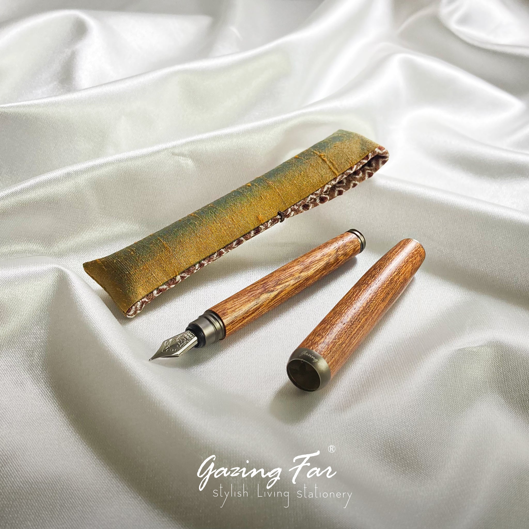GazingFar x UTTOKO elegant hand stitched silk pen sleeve for tmX fountain pen.